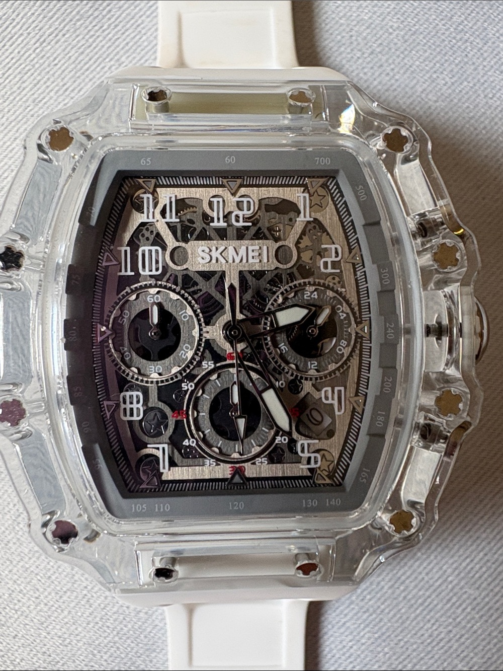 Transparent Barrel Case White Strap Skeleton Dial Watch - Picture 2 of 14